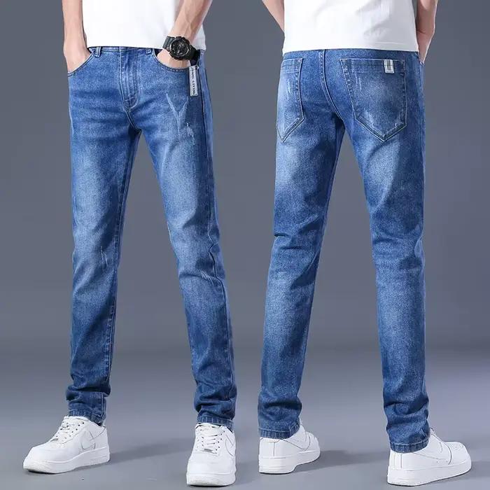 Hommes d'affaires décontracté droit jambe étroite jean bleu clair gris Stretch Vintage Denim pantalo