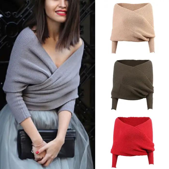 Pulls ronds à col en V pour femmes, écharpe sexy, châles à manches longues, écharpes chaudes pour fe