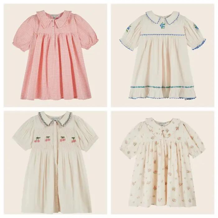 Robe en jean plissée pour fille, broderie florale, manches courtes, style princesse, collection été