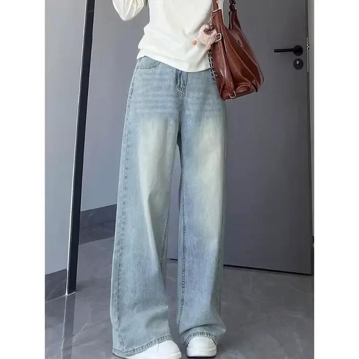Jean large délavé taille haute pour femme, coupe ample amincissante, pantalon décontracté à jambe dr