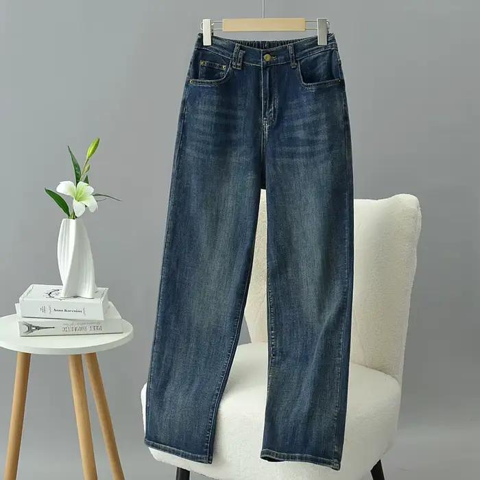 Jean droit taille haute pour femme, coupe ample en denim extensible, pantalon décontracté à jambe la