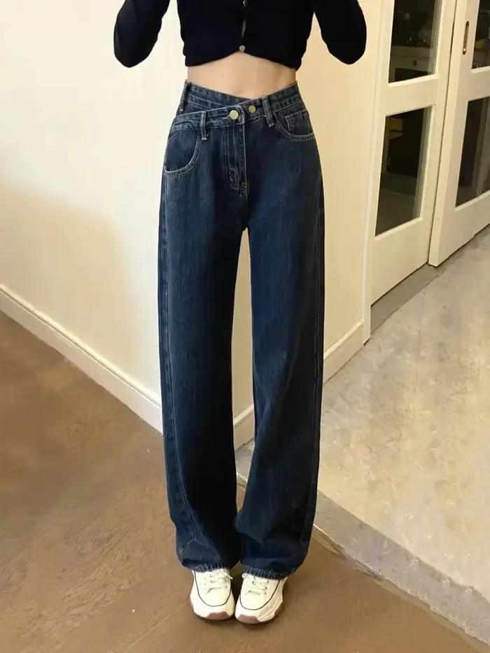 Pantalon de cowboy de Corée du Sud pour femme, jambe droite, jean avec poches, vêtements amples vibr