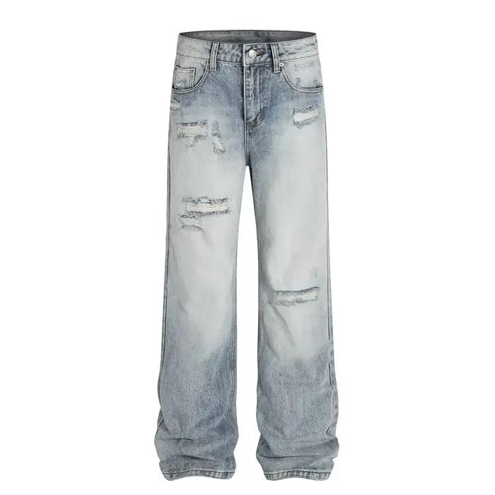 Jean mendiant délavé en détresse pour hommes, pantalon ample à jambes droites et larges, rétro, High