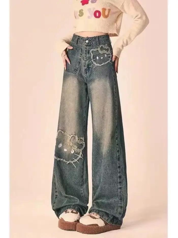 High Street rétro brodé femmes jean mince mode jambe droite pantalon femme été nouveau décontracté a