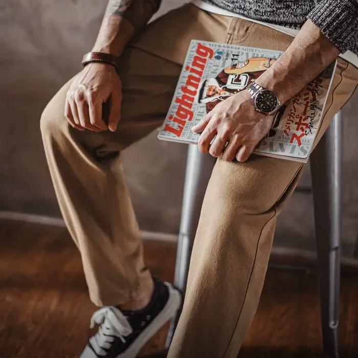 Maden Vintage Jean marron délavé pour homme Pantalon long épais et doux à jambe droite avec fermetur
