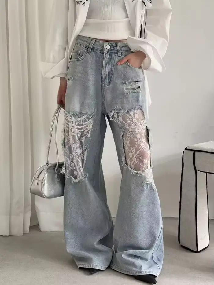 Jean déchiré style Y2K rétro américain des années 2000 avec empiècements en dentelle pour femme, cou
