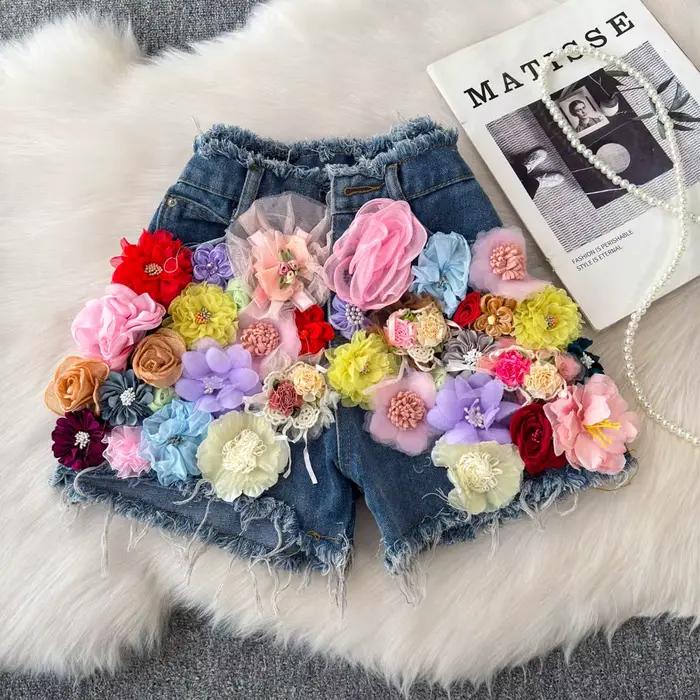 Short en jean à jambes larges pour femmes, motif Floral 3D, Jorts, Sexy, Streetwear, short en Denim,
