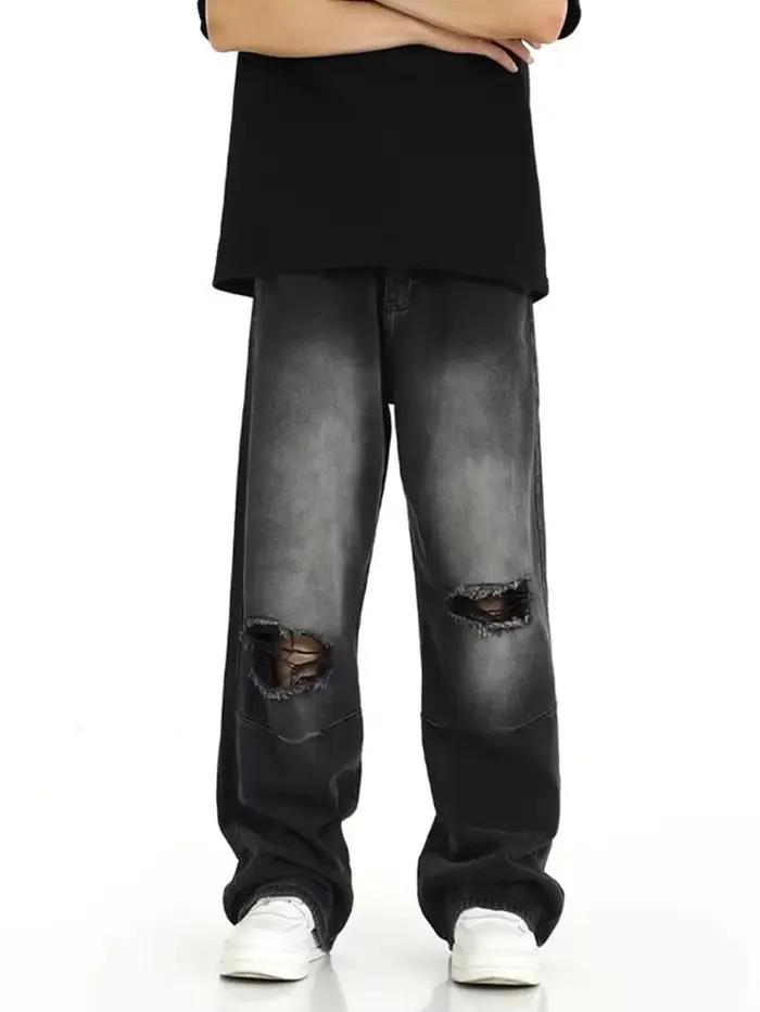 Jean vintage déchiré Y2K pour homme, coupe droite, couleur unie, style streetwear, hip-hop, baggy