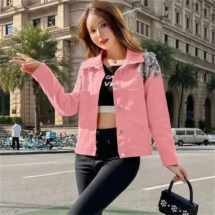 Veste Courte en Denim pour Femme, Couleurs Bonbons, Manteau en Jean avec Rivets Appliqués, pour Étud