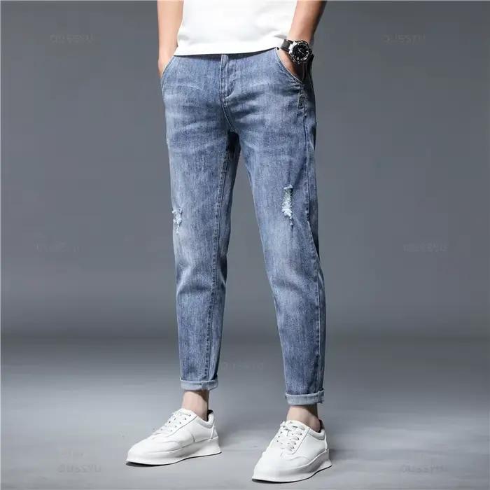Jean décontracté coréen pour homme en denim extensible de haute qualité, coupe cheville, style stree