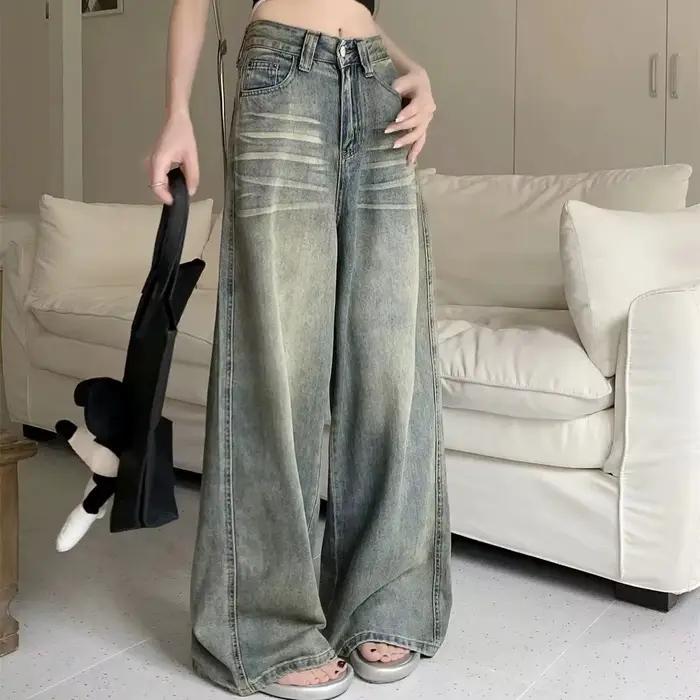 Y2K jean ample jambe droite femmes pantalon Baggy coupe large décontracté taille haute rétro lavé St