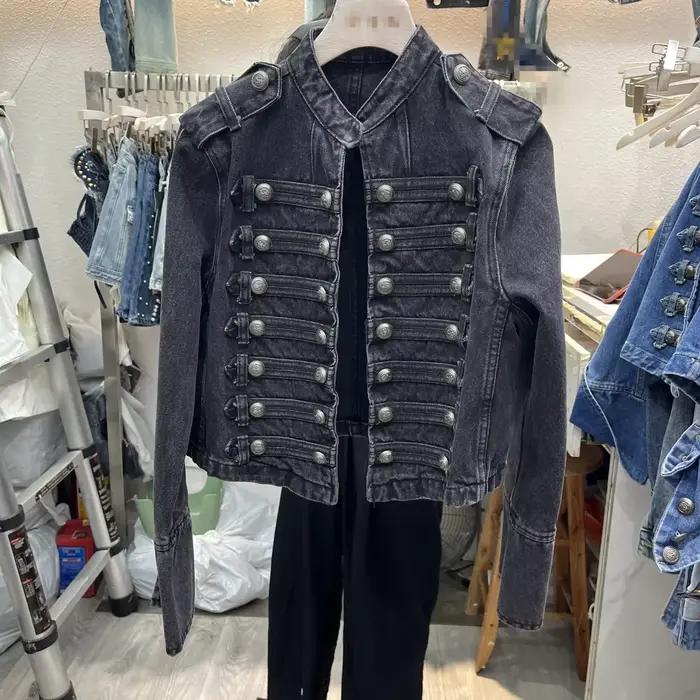 Veste militaire en jean vintage pour femme, rétro, col rond uni, simple boutonnage, coupe slim, cour