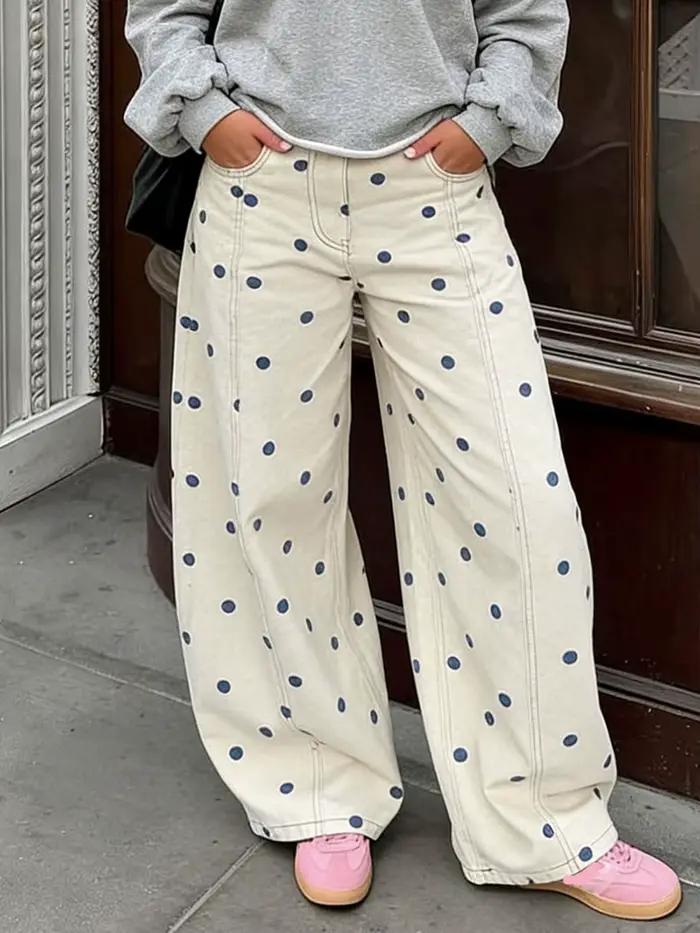 Jean taille haute ample à pois Y2K pour femme, style coquette, en denim, pour adolescentes, streetwe