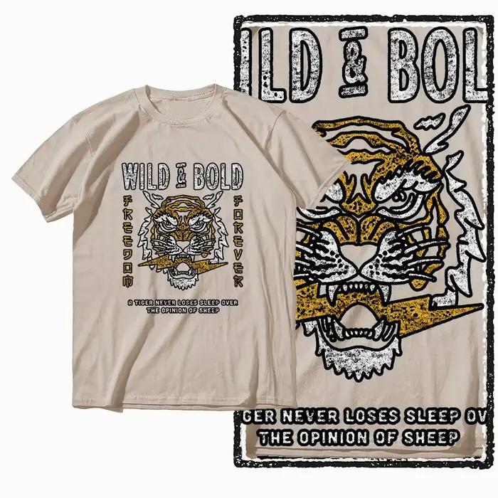 G41 Beige Vintage 100% coton T-shirt imprimé tigre pour hommes | T-shirt col rond pour hommes, St