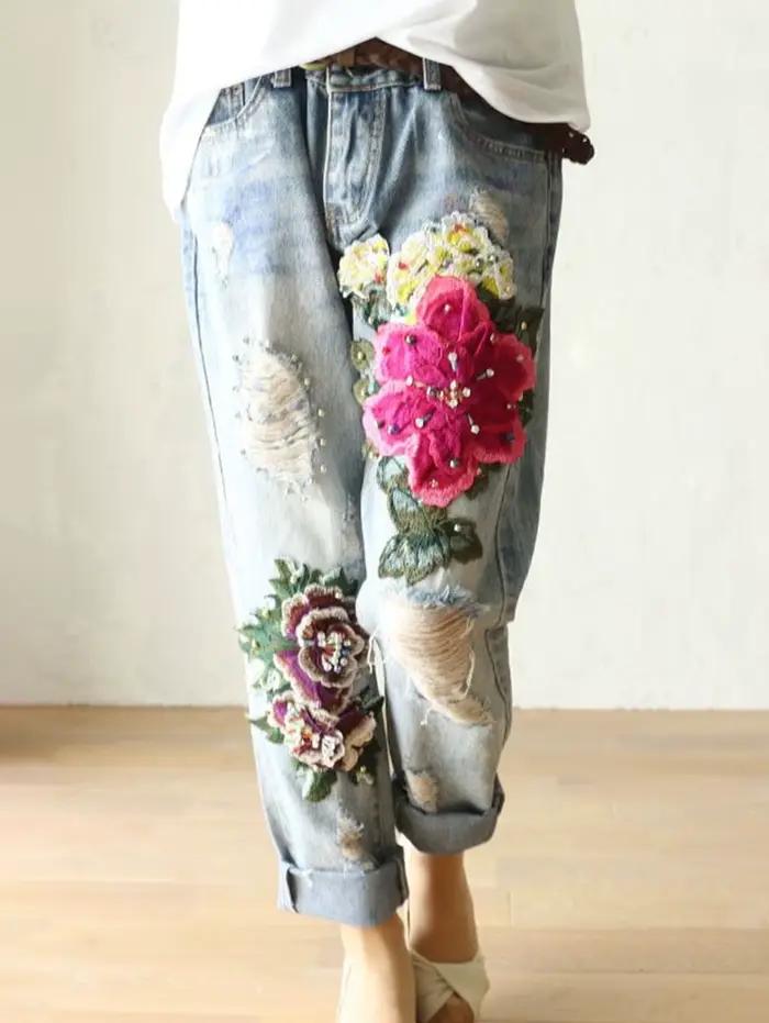 Jeans tendance 2026 pour femmes, pantalon en denim décontracté d'été avec broderie florale, élégant,