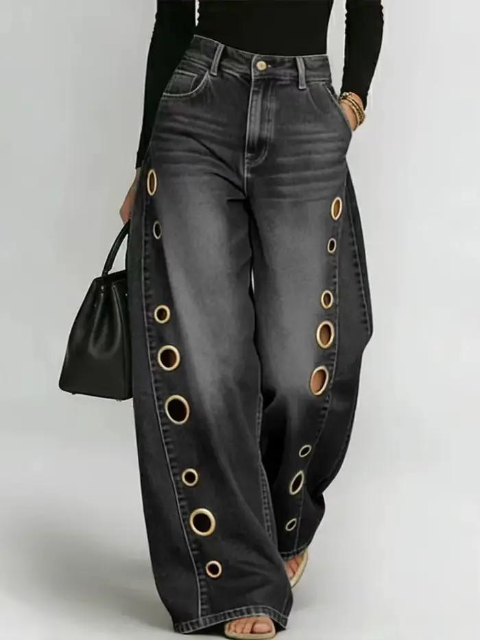 Jean vintage à œillets, coupe large, sexy, taille haute, élégant, pour femme, idéal pour les soirées