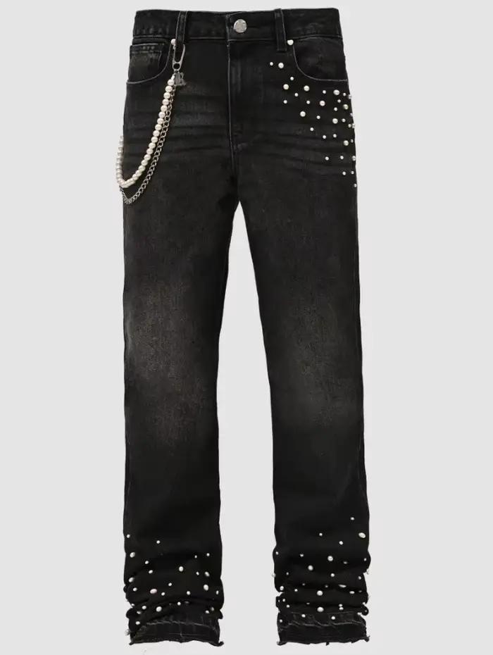 Jean empilé de perles rétro américaines pour hommes, pantalon en Denim extensible à jambes droites,