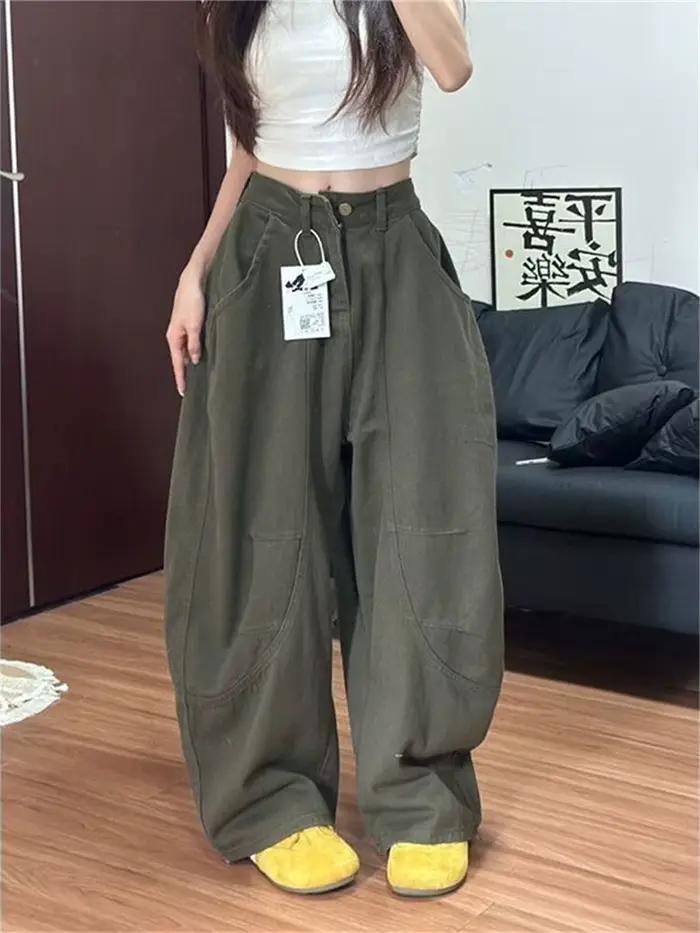 Botvotee Baggye jean pour femmes armée vert taille haute ample Vintage Y2k Long Denim pantalon femme