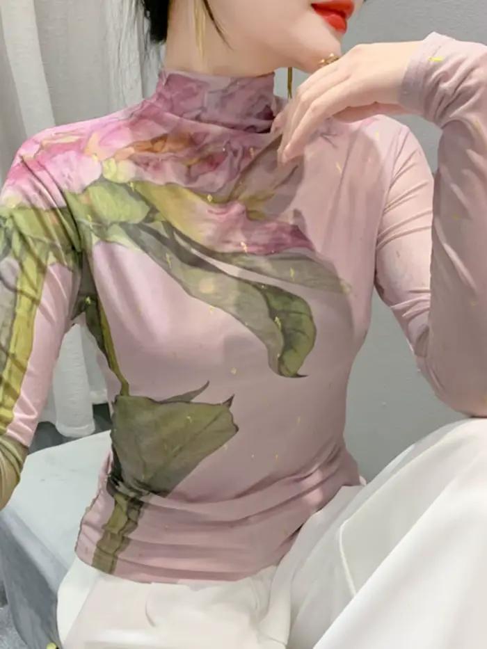 S-4XL Automne Mode Bronzant T-shirt Femmes Situé Impression De Grandes Fleurs Slim Économie Femme Ha
