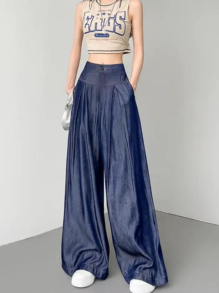 Jean Denim à Jambes Larges pour Femme, Taille Haute, Mince, Décontracté, Élégant, 3 Longueurs, Print