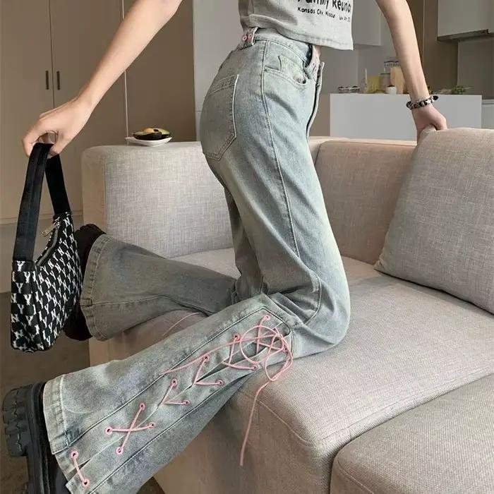 Y2k – jean évasé à lacets rose, à la mode, taille haute, coupe Bootcut, pantalon en Denim, vêtements