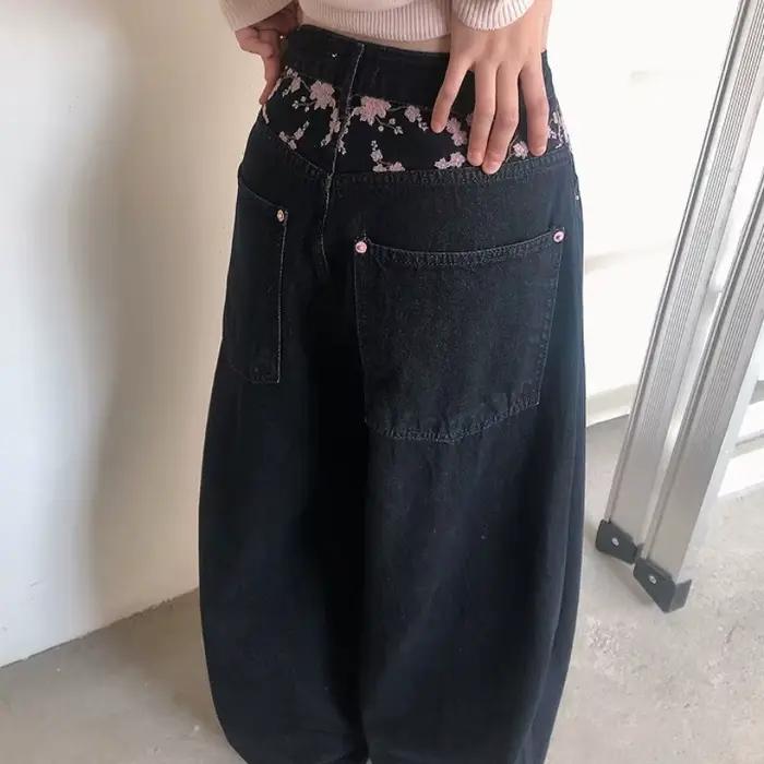 Jean ample taille haute à motif brodé fleurs de cerisier, coupe large, nouvelle collection 2026, bes