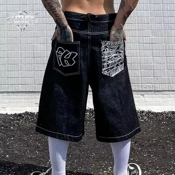 Shorts en jean pour hommes, style vintage américain, streetwear Harajuku, coupe ample unisexe, jambe