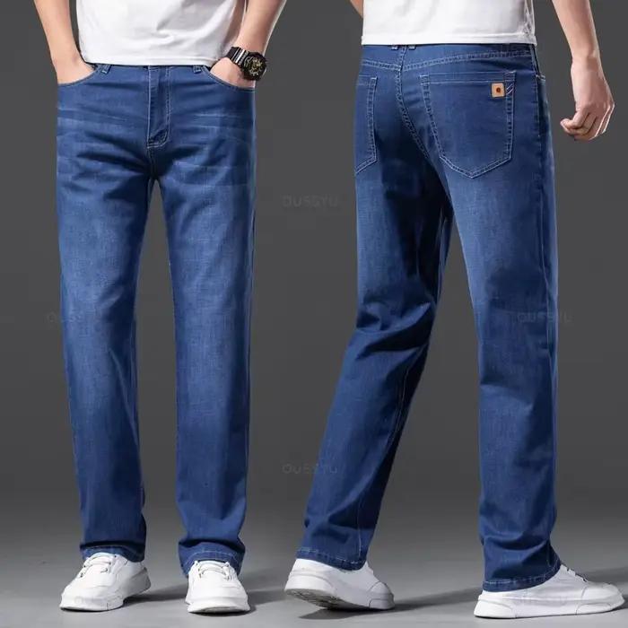 Hommes jean classique été Lyocell coton droit Stretch marque Denim pantalon salopette bleu clair aju