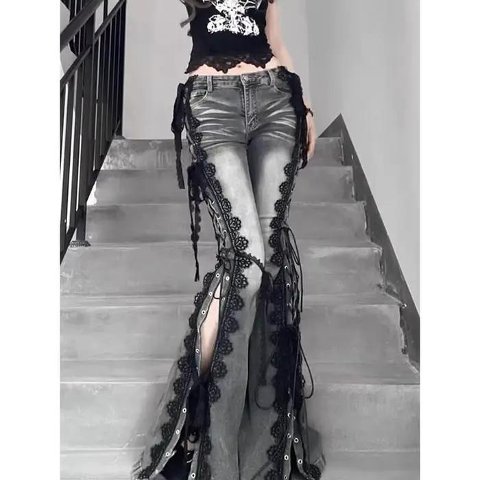 YIBASHU femmes Dark Academia Goblin Core Harajuku Y2K taille basse dentelle jean Abi Denim Flare pan