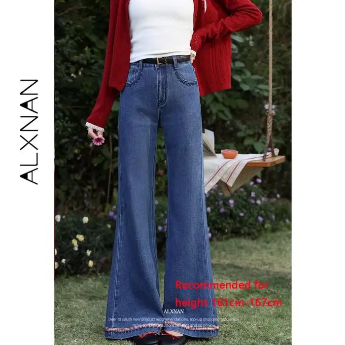 ALXNAN Jean évasé bleu 2026 – Pantalon long décontracté en denim pour femme, vintage, en coton, élég