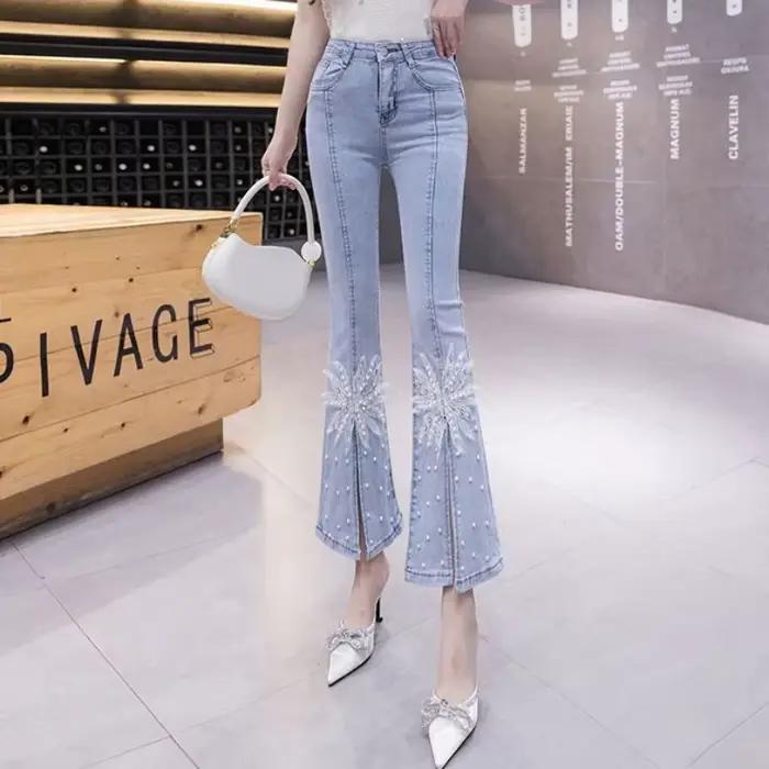 Jean Pipe avec Strass pour Femme, Pantalon Court Slim, Fentes en Dentelle, Capris Bell, Évasement As