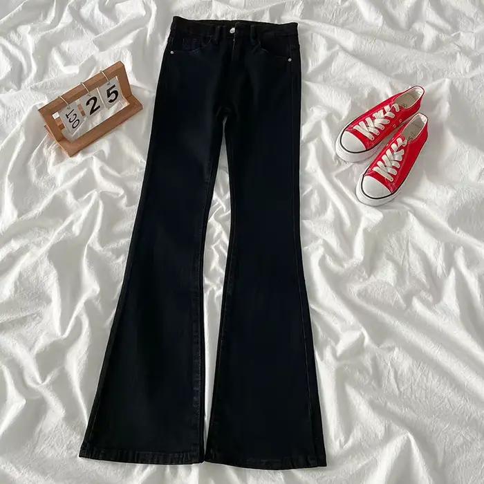Jean slim taille haute noir pour femme, pantalon long élastique coupe droite micro-évasée, automne-h