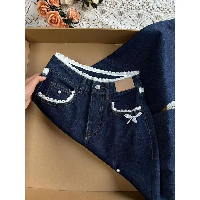 Pantalon en Denim bleu foncé rétro pour femmes, jean avec nœud en dentelle douce, Style américain, d