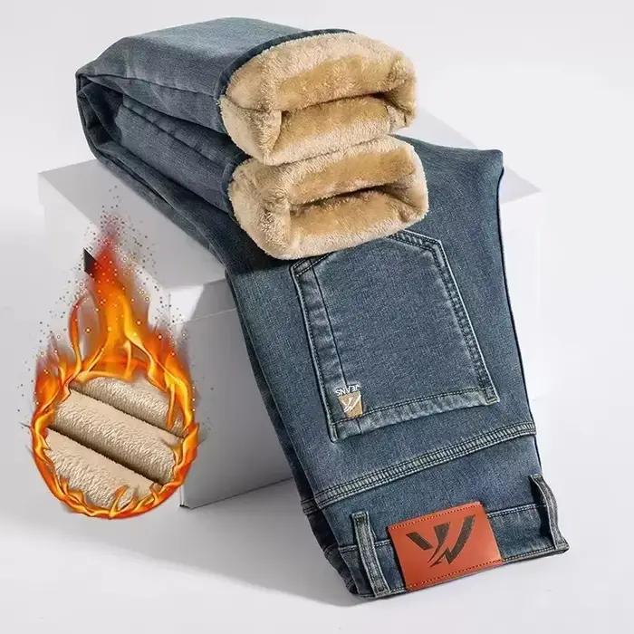 Jean épais en polaire pour hommes, rétro bleu, pantalon droit décontracté, extensible, velours de qu