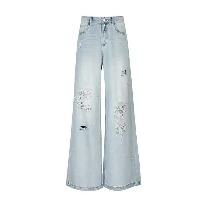 ELFSACK Jean bleu clair délavé à jambes larges, pantalon en denim déchiré avec embellissements en pe