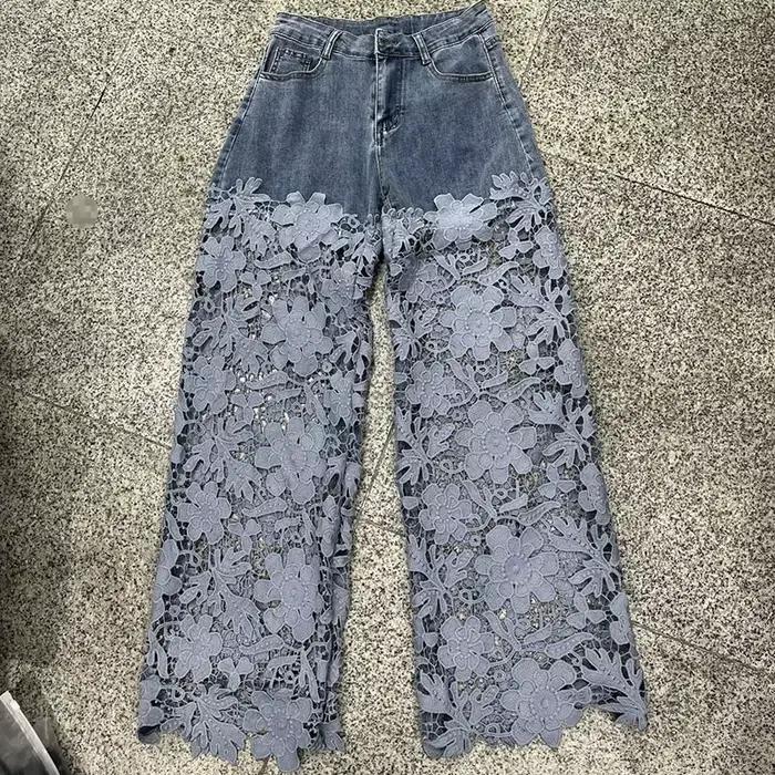 KUCLUT – jean à jambes larges en dentelle ajourée pour femme, pantalon en Denim polyvalent à taille