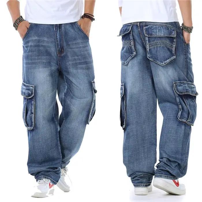 Jean Baggy Bleu en Denim pour Homme, Pantalon Cargo Droit, de Motard, avec Poches Latérales