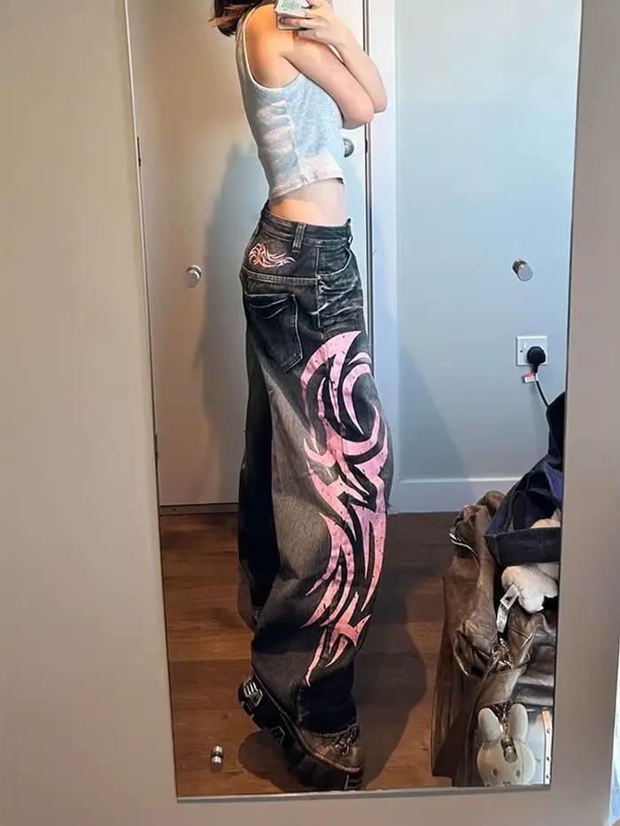 Y2K américain Vintage tacheté Totem imprimé Baggy jean femme taille haute jambe large jean femme ten