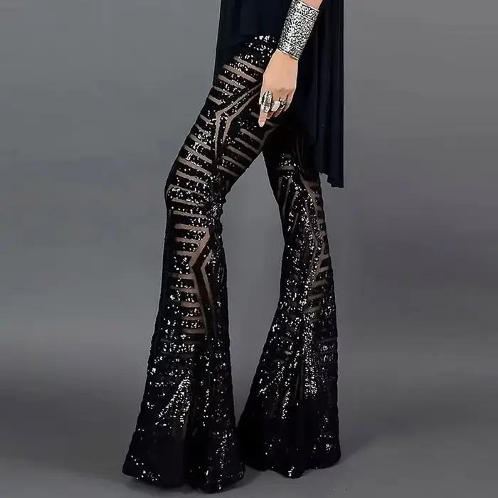 Paillettes taille haute pantalon évasé maigre Streetwear sauvage basique mince 2025 tendance Patchwo