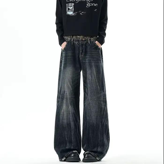 IEFB – jean vintage à imprimé léopard pour hommes, avec poches, délavé, coupe ample, style streetwea