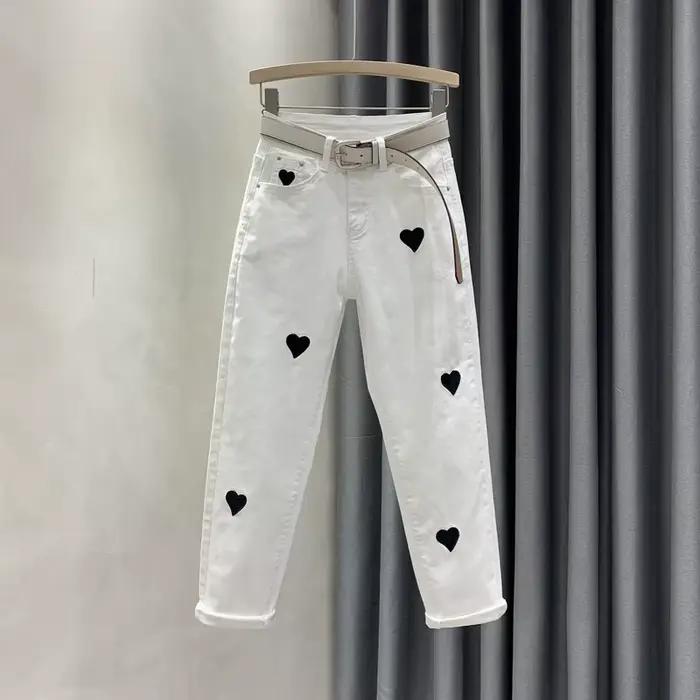 Jean Taille Haute Blanc pour Femme, Pantalon en Denim, Slim Fit, Harun, Chic, Broderie, Décontracté,