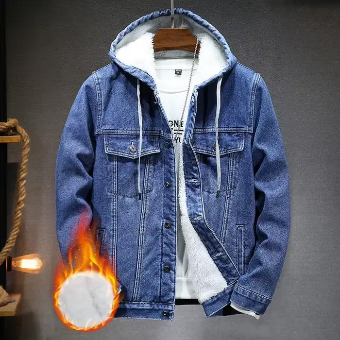 Veste en jean à capuche pour homme, manteau rétro, coupe-vent épais et chaud en velours, automne et