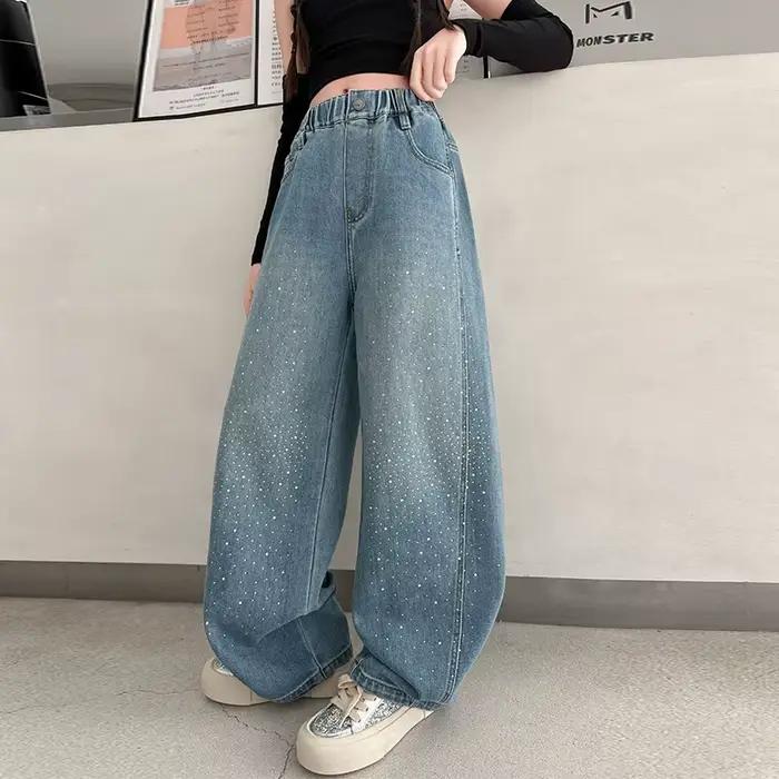 Nouveau jean droit élégant pour enfants avec strass, pantalon en denim scintillant pour filles, pant