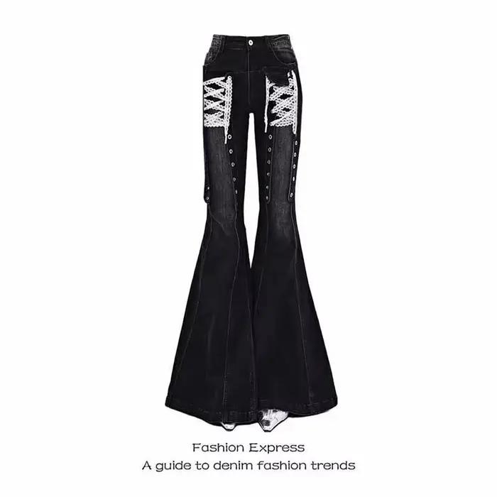 ZHIZOU femmes académique Goblin Core Harajuku Y2K taille basse dentelle jean Abi Denim Flare pantalo
