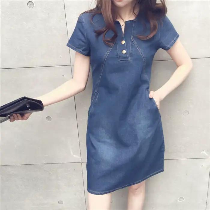 Robe en jean décontractée avec poche à boutons pour femmes, mini robe en denim sexy, 5XL RAVI, corée