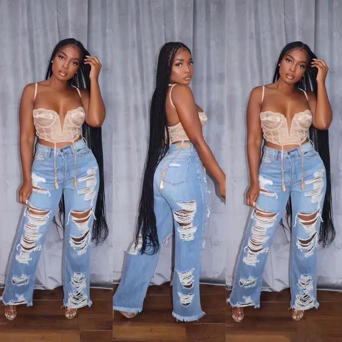 Jean femme pantalon Long élégant épissure Denim pantalon coupe ajustée Sexy trou taille haute bouton