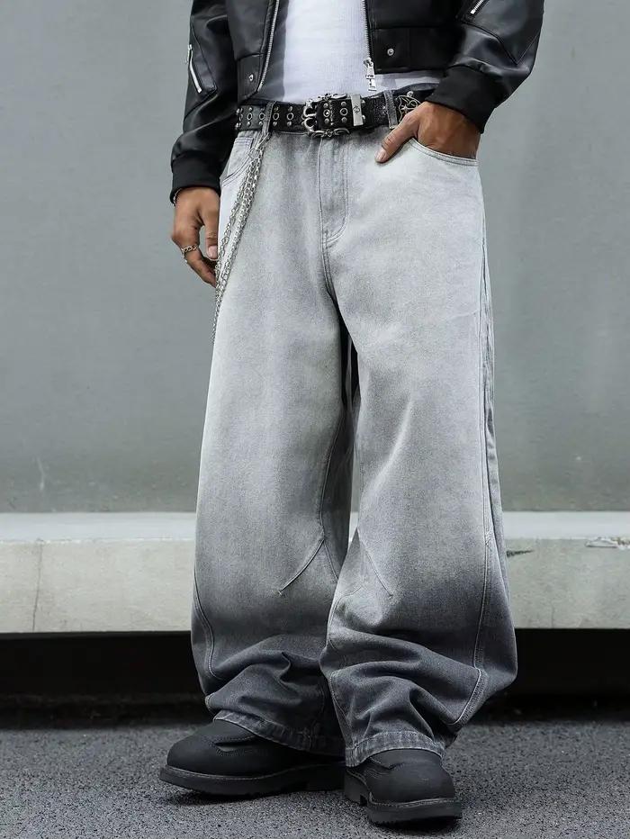 Jeans gris foncé décontractés à jambes larges et délavés pour homme, avec un effet dégradé.
