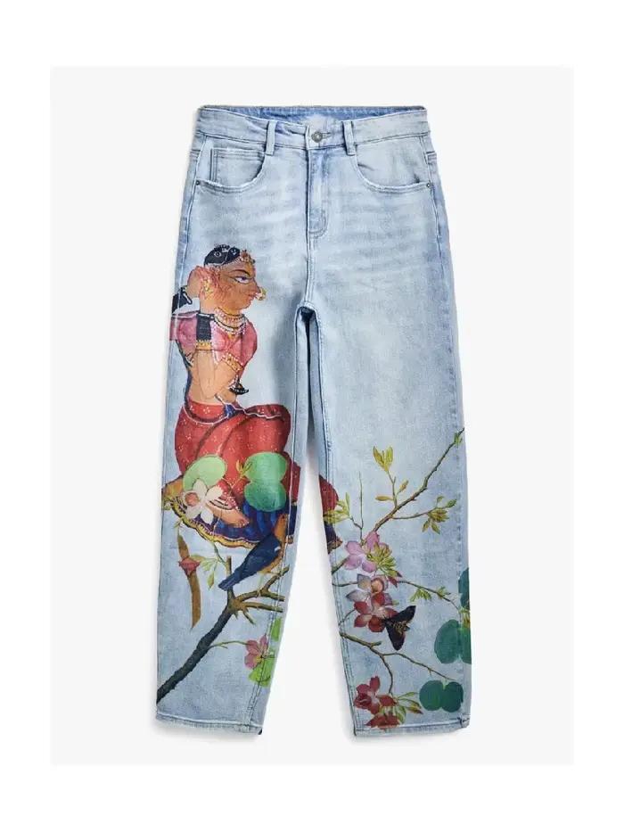 Jeans pour femmes, style original européen, américain, espagnol, imprimé couleur contrastée, pantalo