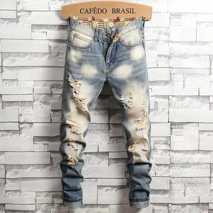 DistMurcia-Jean Déchiré pour Homme, Pantalon en Denim Troué, Mode Rétro Bleue, Slim, Moto, FjMale, H