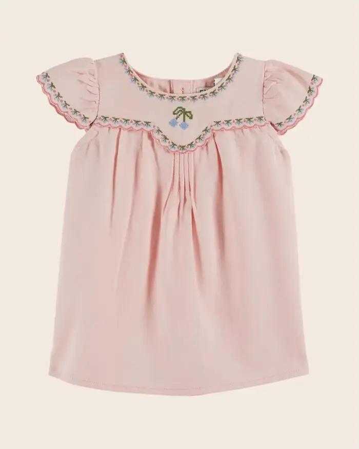 Robe en jean plissée pour fille, broderie florale, manches courtes, style princesse, collection été